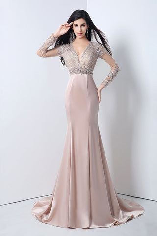 Lace Beaded Long Prom Dresses V-Neck Long Sleeve Evening Dresses Mermaid Formal Dresses