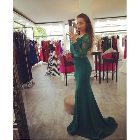 elegant green long lace sleeves mermaid long prom dress, PD1367