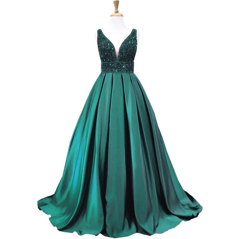 v-neck A-line emerald green beaded long formal prom dress, PD8865