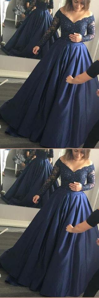 Long Sleeve Dark Navy Long Charming Evening Dress,Prom Gowns,Formal Women Dresses