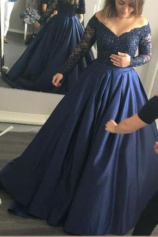 Long Sleeve Dark Navy Long Charming Evening Dress,Prom Gowns,Formal Women Dresses