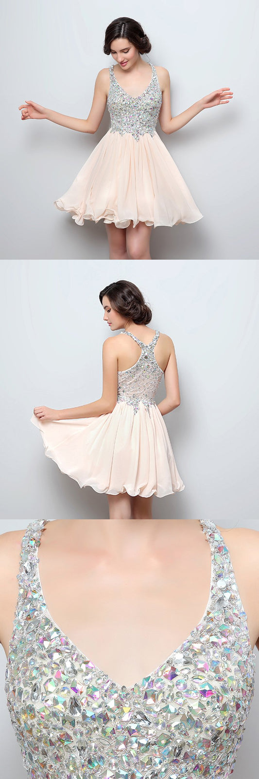 Luxurious Beaded Homecoming Dresses V-Neck Short Homecoming Dresses Chiffon Short Prom Dresses