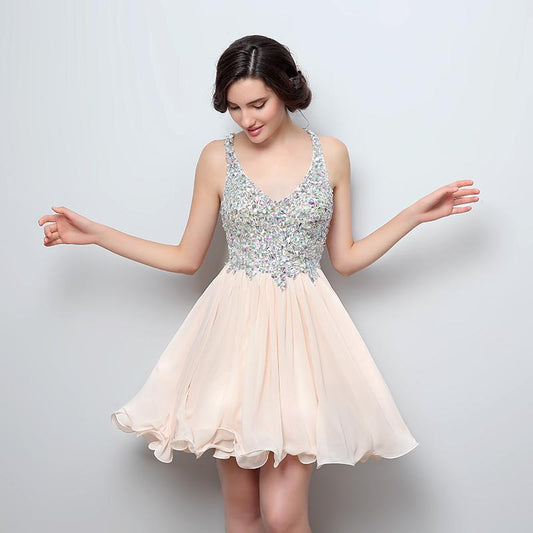 Luxurious Beaded Homecoming Dresses V-Neck Short Homecoming Dresses Chiffon Short Prom Dresses