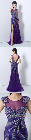 Luxurious Beaded Long Prom Dresses Sequins Evening Dresses Mermaid Backless Formal Dresses with High Slit