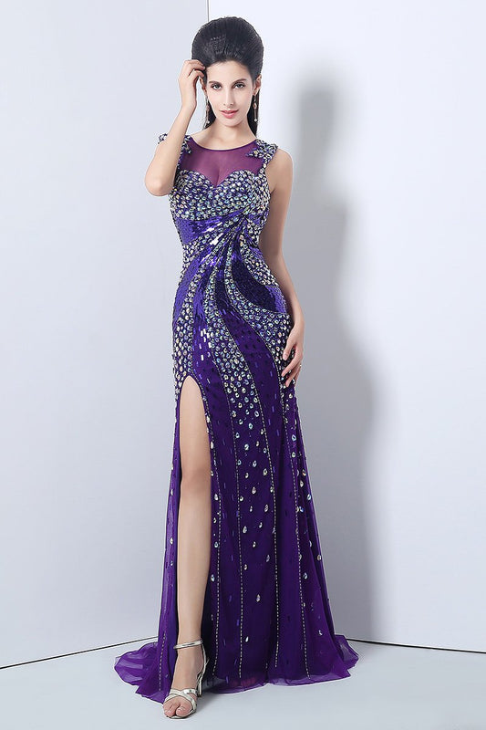 Luxurious Beaded Long Prom Dresses Sequins Evening Dresses Mermaid Backless Formal Dresses with High Slit