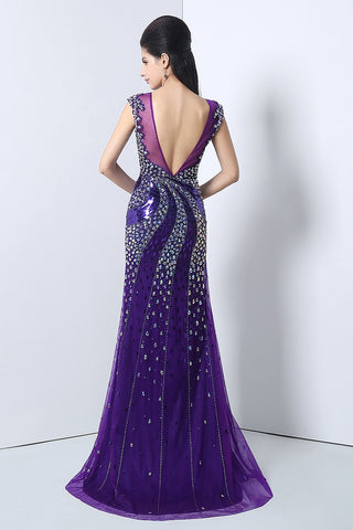 Luxurious Beaded Long Prom Dresses Sequins Evening Dresses Mermaid Backless Formal Dresses with High Slit