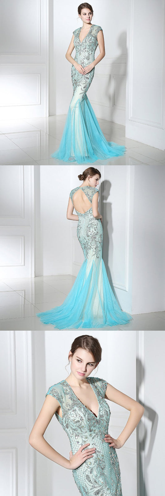 Luxurious Beaded Long Prom Dresses V-Neck Evening Dresses Mermaid Backless Formal Dresses