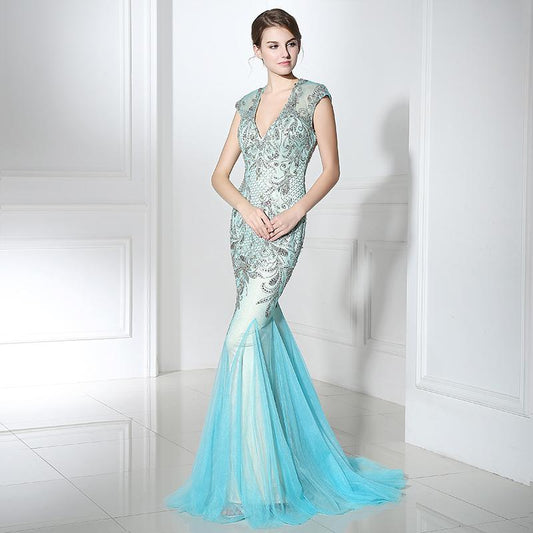 Luxurious Beaded Long Prom Dresses V-Neck Evening Dresses Mermaid Backless Formal Dresses