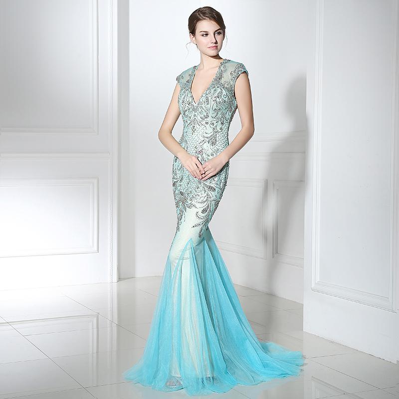 Luxurious Beaded Long Prom Dresses V-Neck Evening Dresses Mermaid Backless Formal Dresses