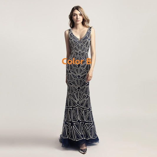 Luxurious Beaded Long Prom Dresses V-Neck Mermaid Evening Dresses Backless Formal Dresses