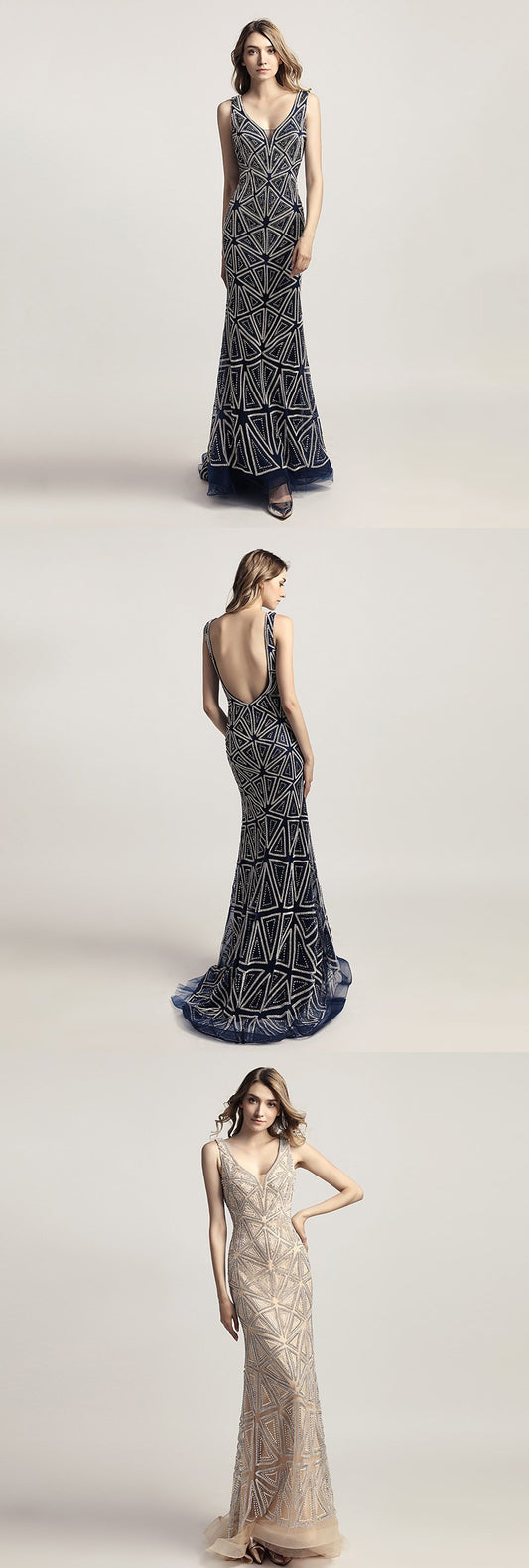 Luxurious Beaded Long Prom Dresses V-Neck Mermaid Evening Dresses Backless Formal Dresses