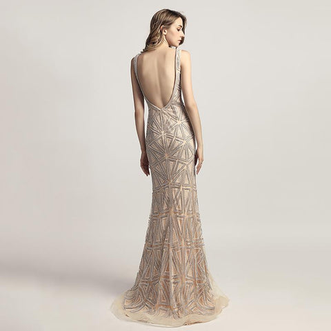 Luxurious Beaded Long Prom Dresses V-Neck Mermaid Evening Dresses Backless Formal Dresses