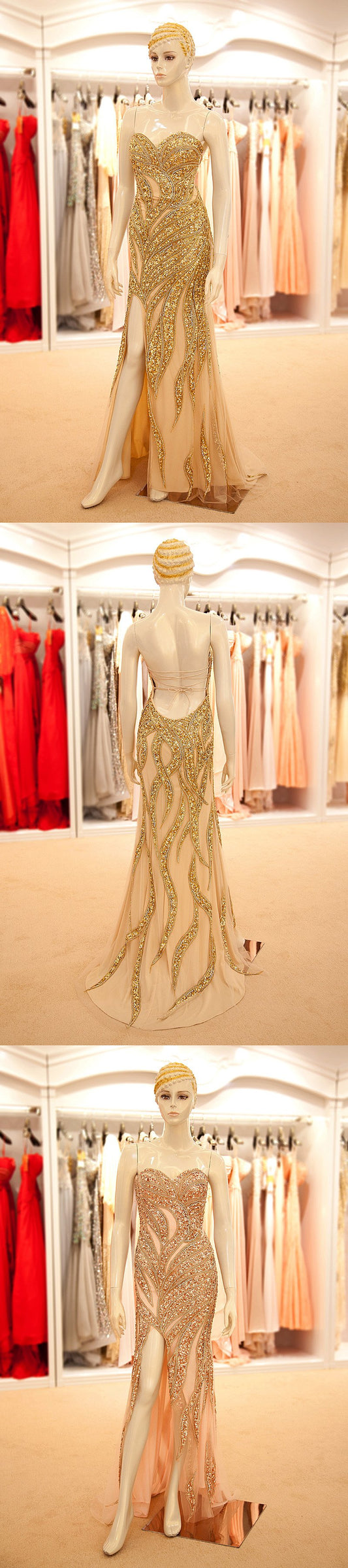 Luxurious Beaded Long prom Dresses Sweetheart Strapless Evening Dresses Backless Mermaid Formal Dresses