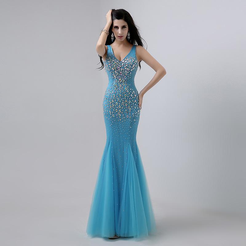 Luxurious Beaded Long prom Dresses V-Neck Evening Dresses Mermaid Backless Formal Dresses