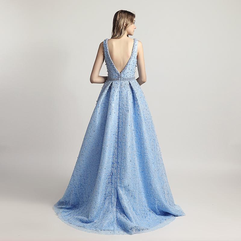 Pearl Beaded V Neck Long Silver Satin Evening Prom Dress Floor Length main image 1