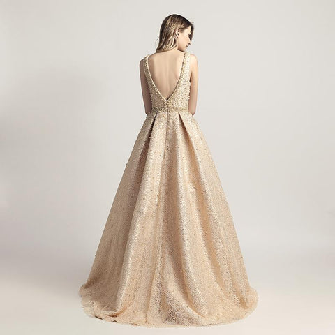 Luxurious Beaded Pearls Long Prom Dresses V-Neck Evening Dresses V-Back Ball Gowns Formal Dresses
