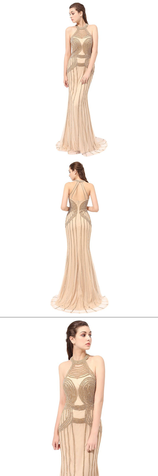 Luxurious Beads Long Prom Dresses Gold Mermaid Evening Dresses Backless Formal Dresses