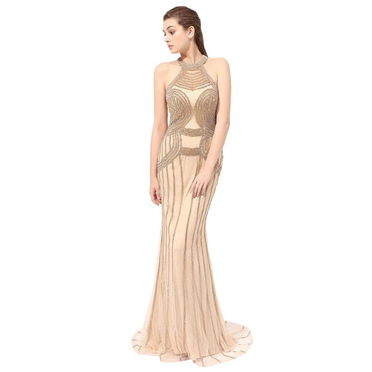 Luxurious Beads Long Prom Dresses Gold Mermaid Evening Dresses Backless Formal Dresses
