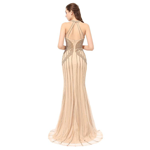 Luxurious Beads Long Prom Dresses Gold Mermaid Evening Dresses Backless Formal Dresses