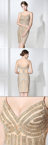 Luxurious Beads Short Prom Dresses V-Neck Evening Dresses Spaghetti Straps Tight Fitting Formal Dresses