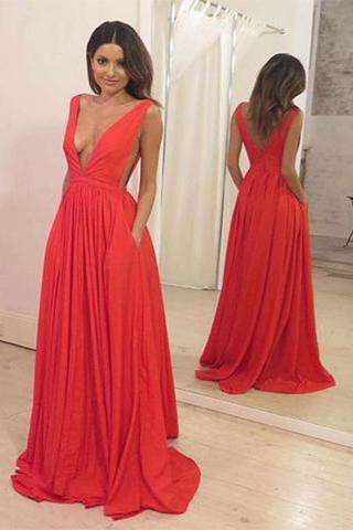 deep v-neck red long simple prom dress, BD7679