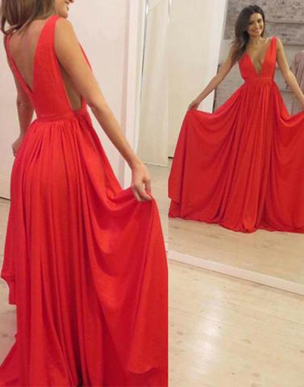 deep v-neck red long simple prom dress, BD7679