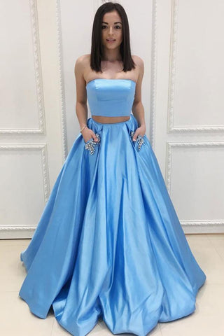 strapless two pieces blue satin A-line long prom dress, PD41512