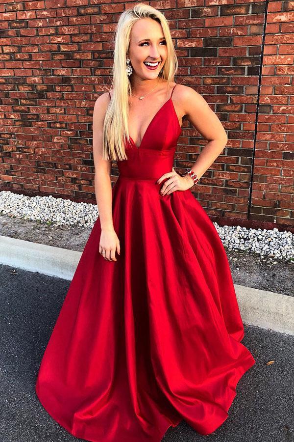 simple red satin v-neck long prom dress, PD5894