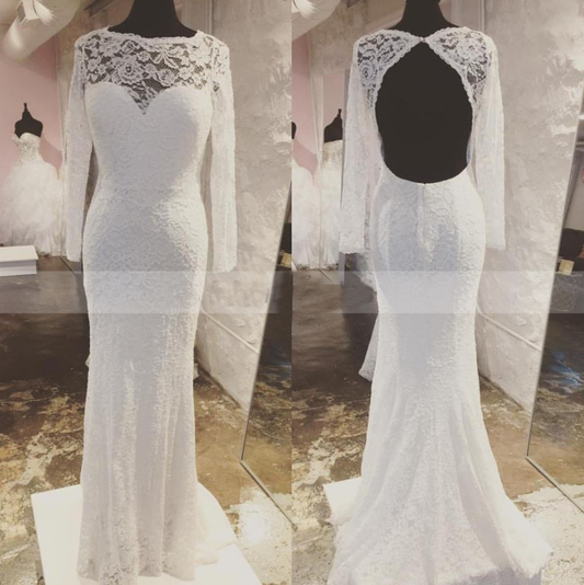 modest scoop white lace mermaid long sleeves open back wedding dress, WD109