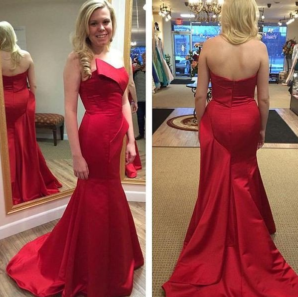 red mermaid satin strapless formal long prom dress, PD9664