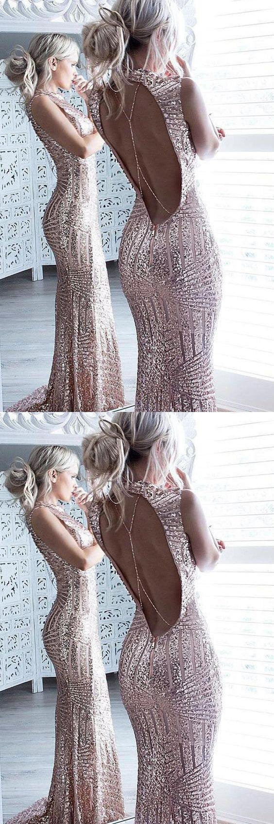Mermaid Pink Sparkle Beaded Sequins Bodice Backless Sexy Prom Dresses