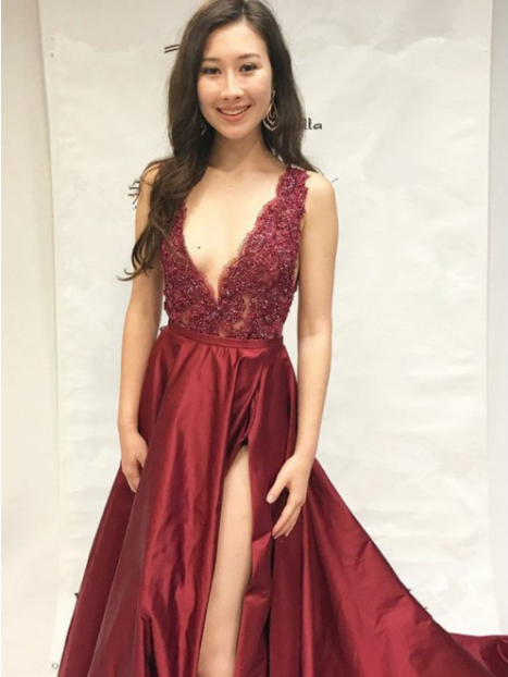 charming v-neck burgundy formal long prom dress with side slit, PD02502