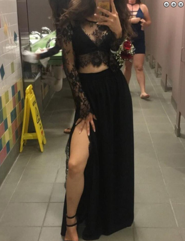 two pieces prom dress, long prom Dress, black evening dress, lace prom dress, party dress, BD354