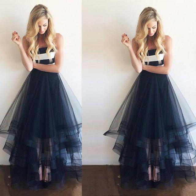 tulle prom dress, long prom dress, A-line prom dress, strapless prom dress, evening gown, BD0012