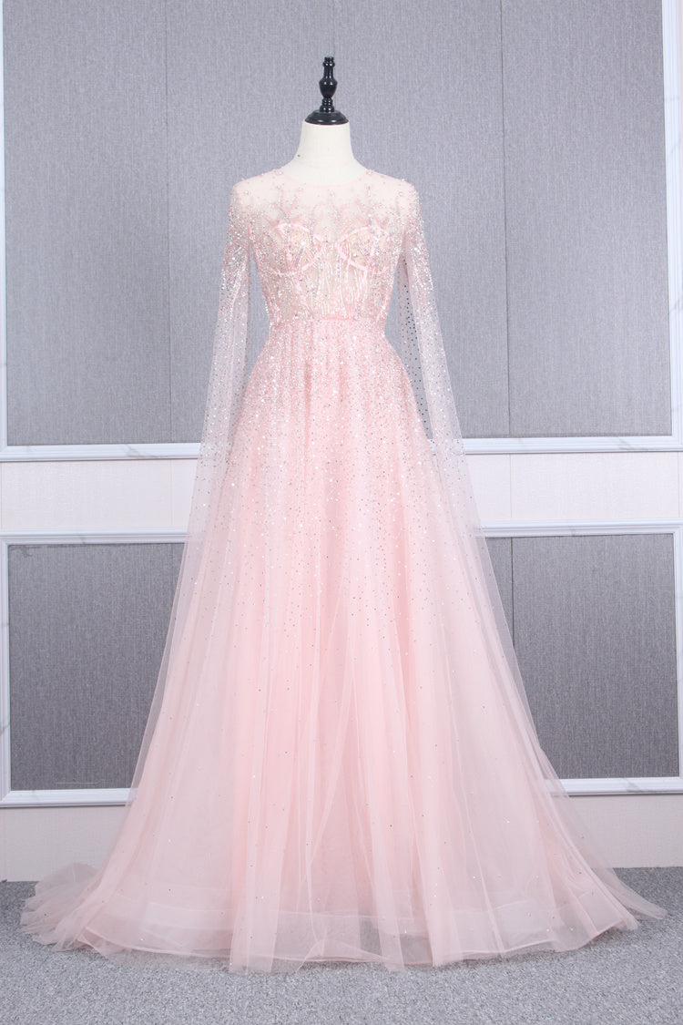 A-line Round Neck Prom Dress, Long Evening Party Dress, Wedding Guest Dress with Beads, JL20155