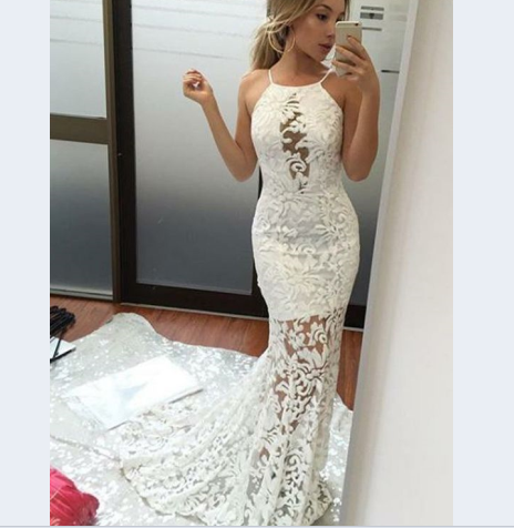 spaghetti straps white lace long formal mermaid prom dress, BD758