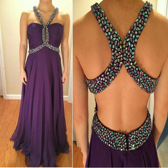 open back beaded purple chiffon long prom dress, PD3841