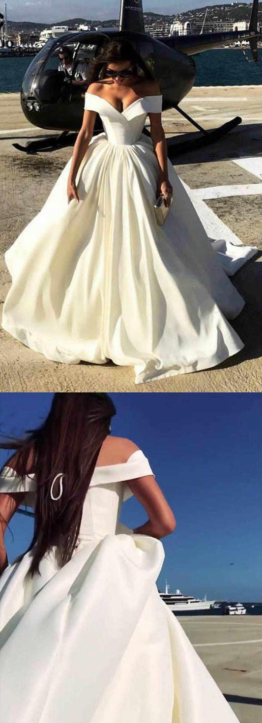 Off the Shoulder V Neck Ivory Wedding Dresses Ball Gown Long Prom Dresses