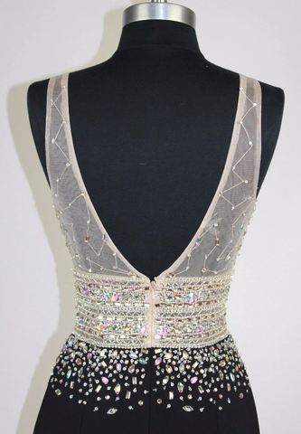 Black V-Neck Long Prom Dress with Beads, BD4578