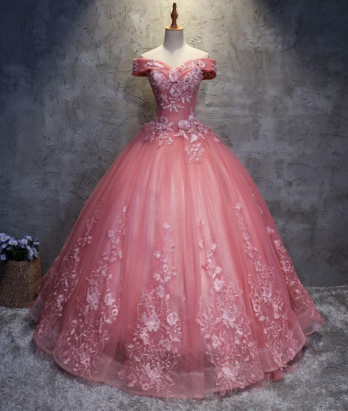 off shoulder pink lace appliques A-line prom dress, PD1454