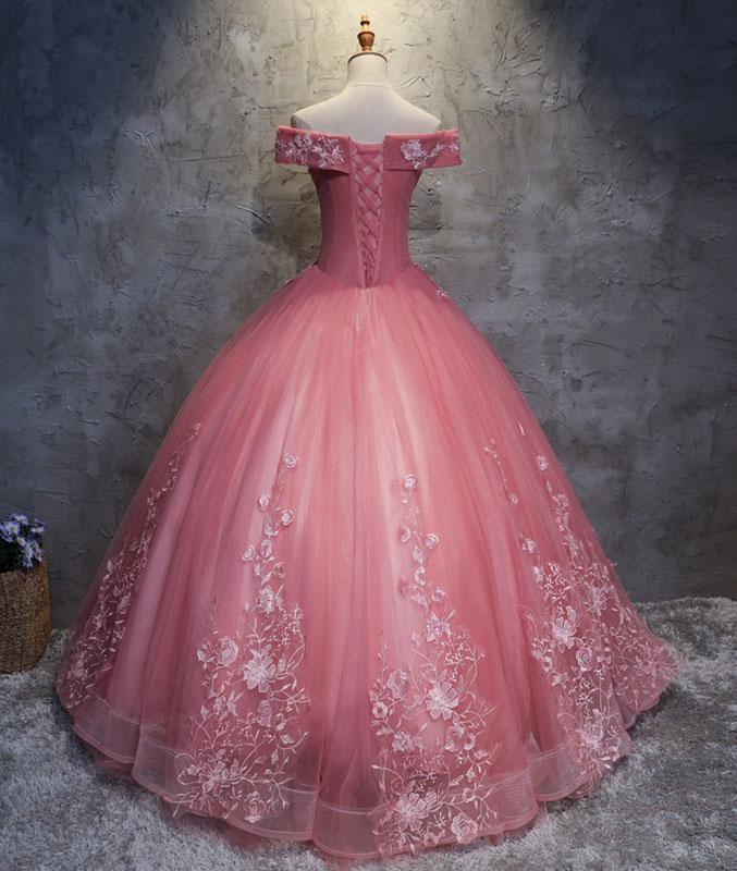 off shoulder pink lace appliques A-line prom dress, PD1454