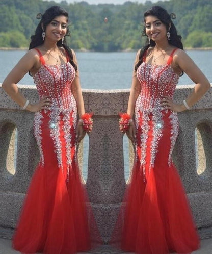formal charming spaghetti straps mermaid red tulle beaded long prom dress, PD56571