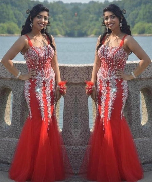 formal charming spaghetti straps mermaid red tulle beaded long prom dress, PD56571