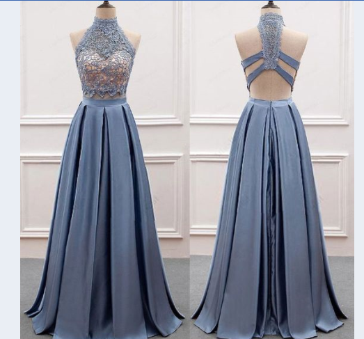 two pieces high neck lace top long prom dress, BD753