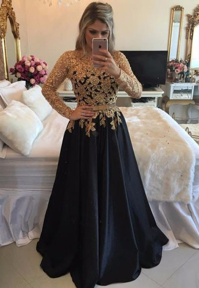 Black Long Sleeve Princess A-Line Prom Dress with Gold Appliques, PD23032211