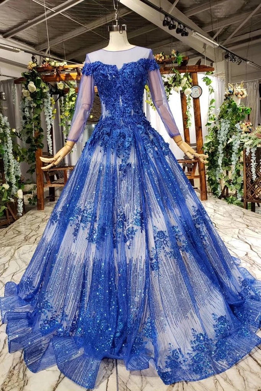 Sheer Neck Blue Ball Gown Prom Dress with Beads, PD23022233