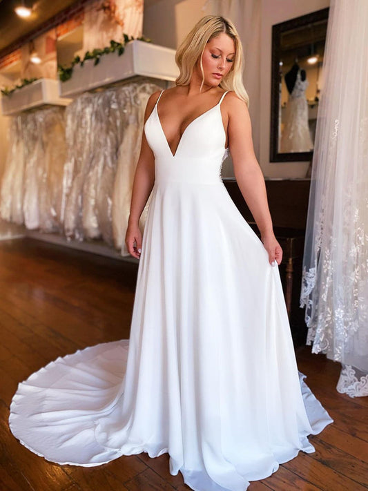 White Lace A-Line Wedding Dress with V-Neckline and Formal Prom Option, WD2302254
