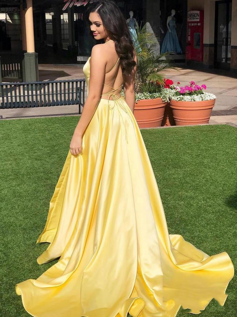 Daffodil Backless Sleeveless Criss Cross Satin Prom Dress with Court Train, PD23031324