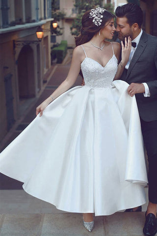 Ivory Satin A-Line Wedding Dress with V-Neckline, Spaghetti Straps, and Appliques, WD2303237