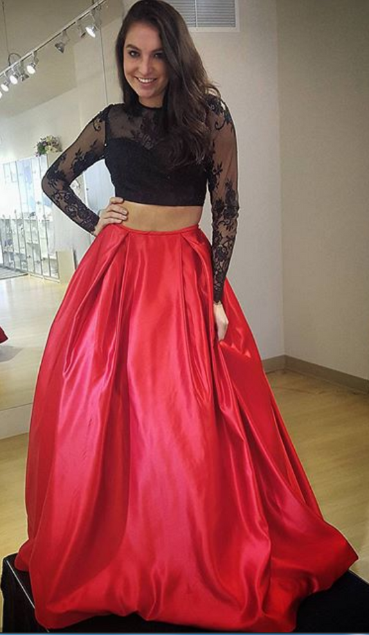 Black Two-Piece Satin Prom Dress with Red Accents, Long Sleeves, and A-Line Skirt, PD2303153